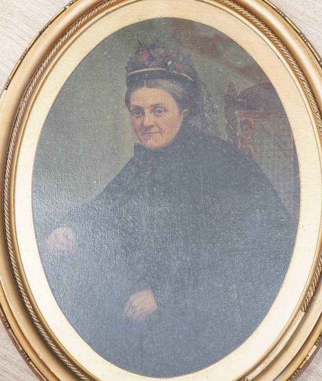 Three 19th century oval paintings, comprising classical oil on board, pastel portrait of a young girl before a landscape and seated lady in mourning dress, largest 50 x 40cm, gilt framed. Condition - varies, poor to fair